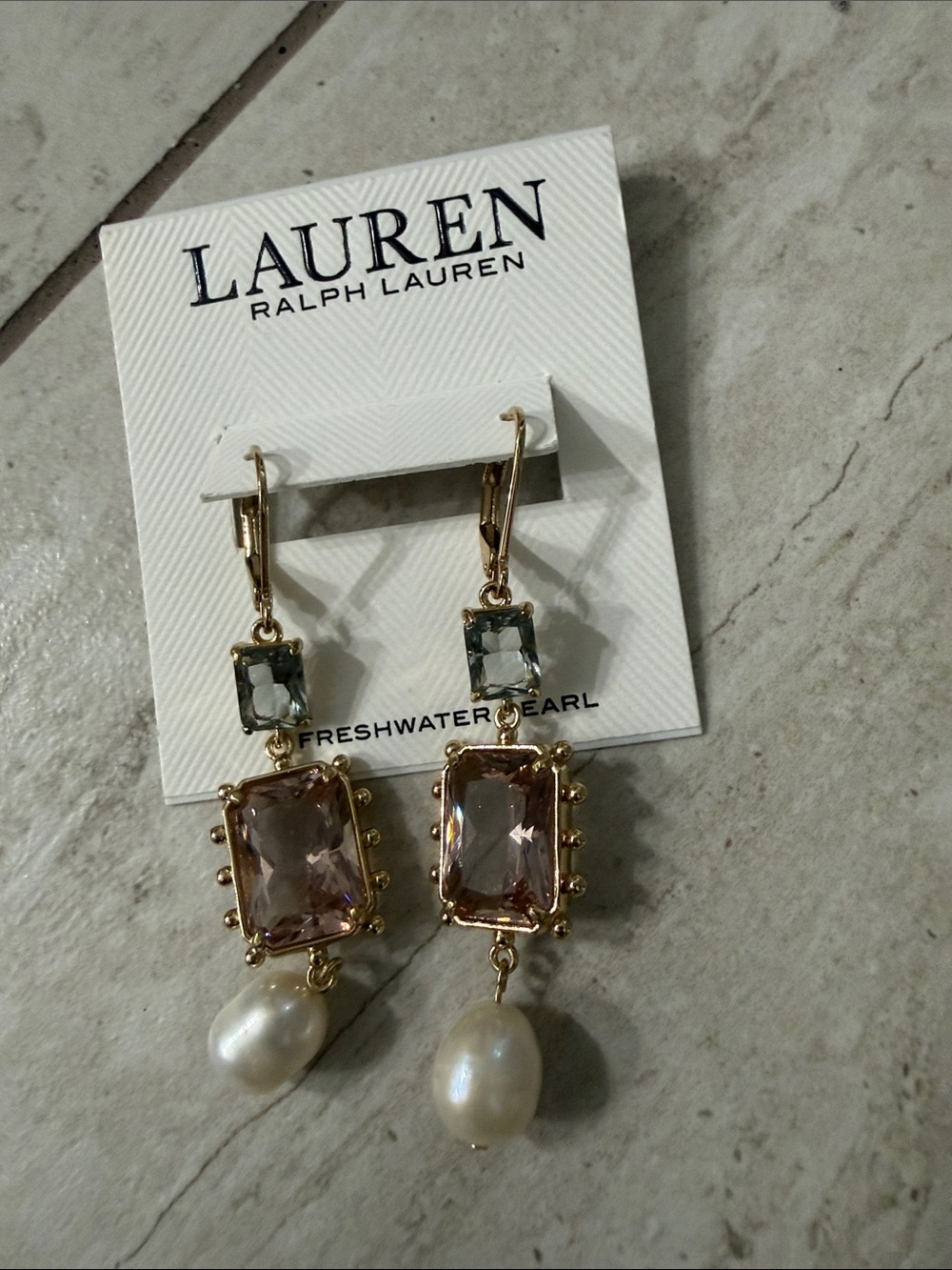 LAUREN Ralph Lauren Gold-Tone Earrings with Pink Crystals & fresh water pearl